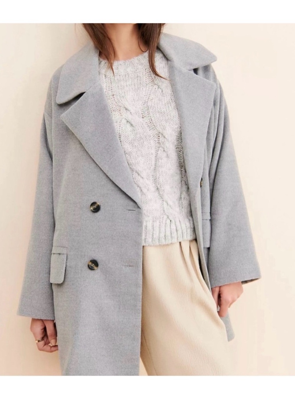 Anthropologie Du Paradis Light Gray Double-Breasted Pea Coat